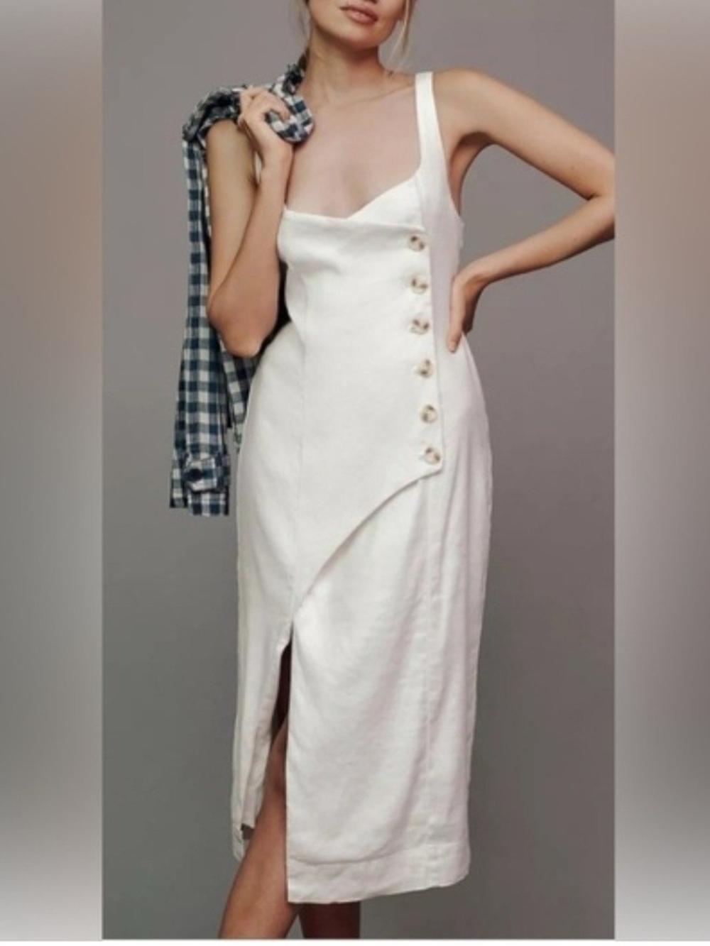 Anthropologie Cream Asymmetric Button-Front Midi Dress Size S.